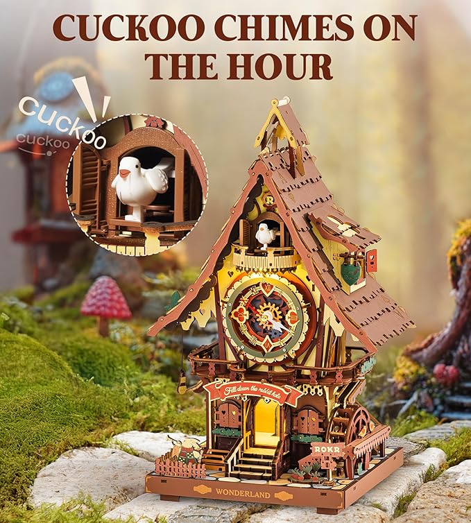 ROKR Cuckoo Clock Mechanical 3D Wooden Puzzle Kit for Adults, DIY Wooden Clock Model Building Set, Unique Home Decor Gift for Women Men