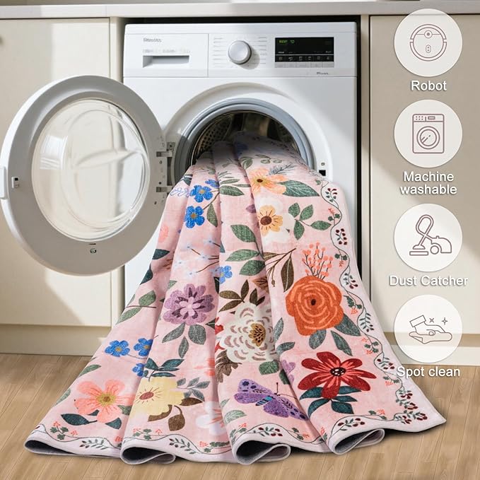 Runner Rug for Entryway: 2x10 Kitchen Rugs Non Slip Washable Ultra-Thin Soft Floral Carpet Indoor Floor Stain Resistant Carpets for Hallway Bedroom Kitchen Laundry Bathroom Dorm Beige