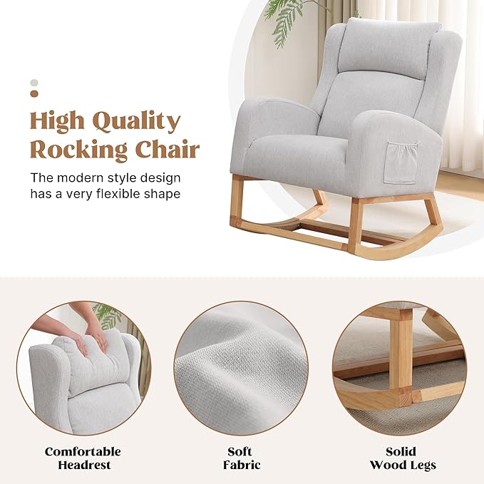 Rocking Chair Nursery, Nursing Rocking Chairs for Mom Nursery, Comfy Wingback Glider Rocking Armchair with Foot Rest and Side Pocket for Nursery Living Room Bedroom, Light Grey