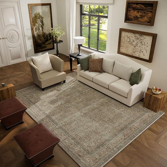 Washable Area Rugs for Living Room: 5x7 Bedroom Rug Boho Vintage Rugs Stain Resistant Non Slip Low Pile Lightweight Soft Carpets for Dining Room Kitchen Nursery Kids Room Farmhouse Living Room