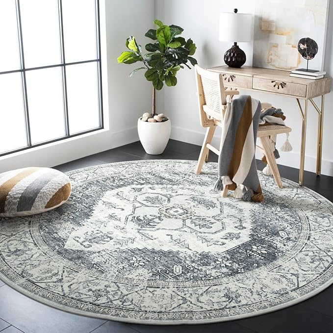 Lahome Boho Round Rugs - 4Ft Washable Non-Slip Small Round Area Rug for Bedroom Grey Lightweight Round Throw Rug, Oriental Distressed Print Indoor Circle Rugs for Bedroom Entryway Bathroom Kitchen