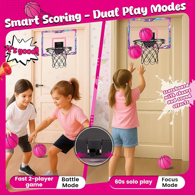 LovesTown Mini Indoor Basketball Hoop for Kids, Pink Basketball Hoops Over The Door with LED Lighting - 4 Balls - DIY Stickers, Great for Home, Dorms, Offices, and Gifts for Girls