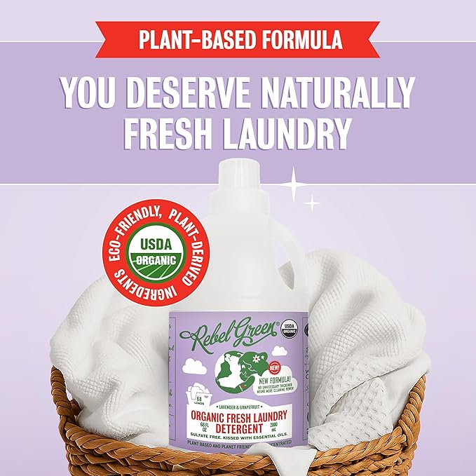 Rebel Green USDA Organic HE Liquid Fresh Laundry Detergent - Natural & Hypoallergenic Laundry Soap, Lavender and Grapefruit - 64 Loads
