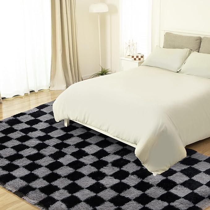 Super Soft Rug for Bedroom, 6x9 Ft Grey and Black Area Rug Classic Checkered Shaggy Rug Anti-Skid High Pile Soft Fluffy Fuzzy Carpet for Living Room Bedroom Kids Room Nursery, Dorm Home Decor