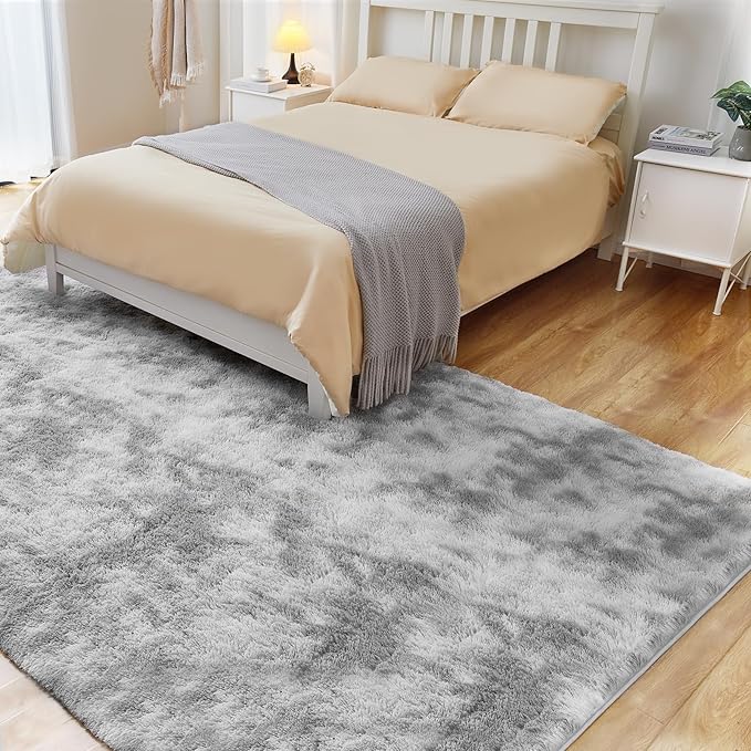 8x10 Area Rugs for Living Room, Ultra Soft Fluffy Rugs for Bedroom, Anti-Skid High Pile Indoor Carpet for Nursery, Study Room, Playroom, Home Decoration, Tie-Dyed Light Grey