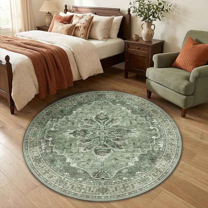 RELEANY Area Rugs Round 4ft Washable Non-Slip, Floral Vintage Distress Print - Image 3