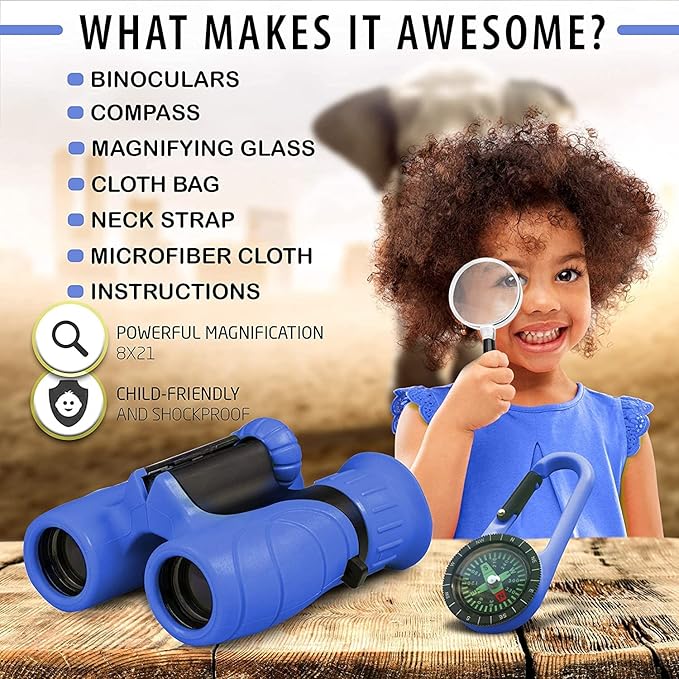 Binoculars for Kids for Toddler - for Little Boys and Girls – Extensive Set Incl. Magnifying Glass & Compass – Powerful Magnification 8X21 – 3 to 12 Year Old Kids