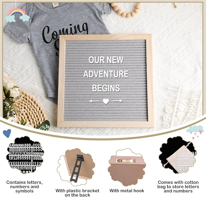 9 Pcs Pregnancy Announcement Set Pregnancy Reveal Ideas Felt Letter Board Baby Bodysuit Booties Photo Frame Bear Plush Wood Blocks for Coming Soon Baby Announcement(Gray)