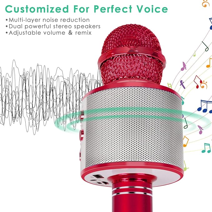 KIDWILL Wireless Bluetooth Karaoke Microphone for Kids, 5-in-1 Portable Handheld Karaoke Mic Speaker Player Recorder with Adjustable Remix FM Radio for Kids Girls Boys Teens Birthday (Red)