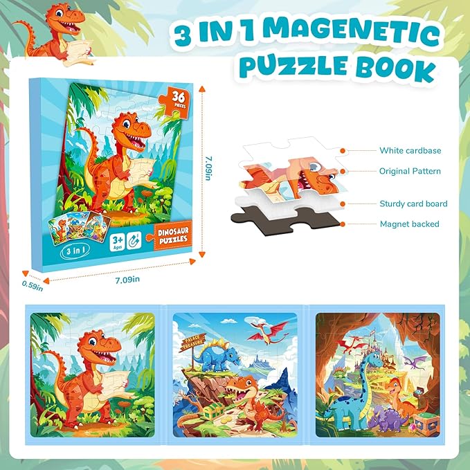 Magnetic Jigsaw Puzzles for Toddlers Kids 3-8 Boys,(3 36-Pieces) Travel Puzzles Toys for Kids Ages 4-6,Take-Along Car Airplane Road Trip Activities Game for 3 4 5 6 7 8 Year Old Birthday Gift