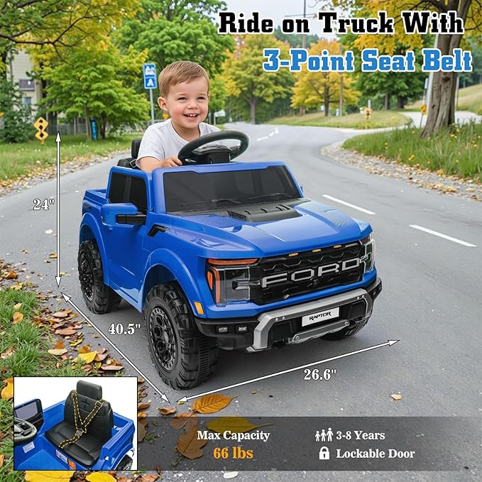 12V Ride on Car Licensed Ford F-150 Raptor, Kids Electric Car with Remote Control, LED Light/Music/MP3, Truck Bed Storage, 3-Point Seat Belt (12V, Blue)