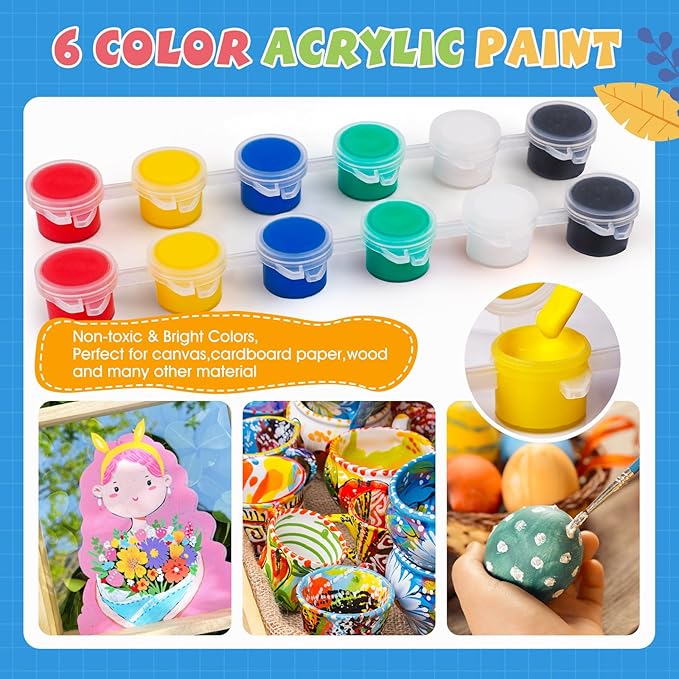 ESRICH 8 Set Mini Acrylic Paint Kit,5in Mini Stretched Canvas with 7.5in Easel,Acrylic Paint Strips,Paint Palettes,Painting Brushes, Small Canvas and Easel Set for Kids Artists Beginner,Gift