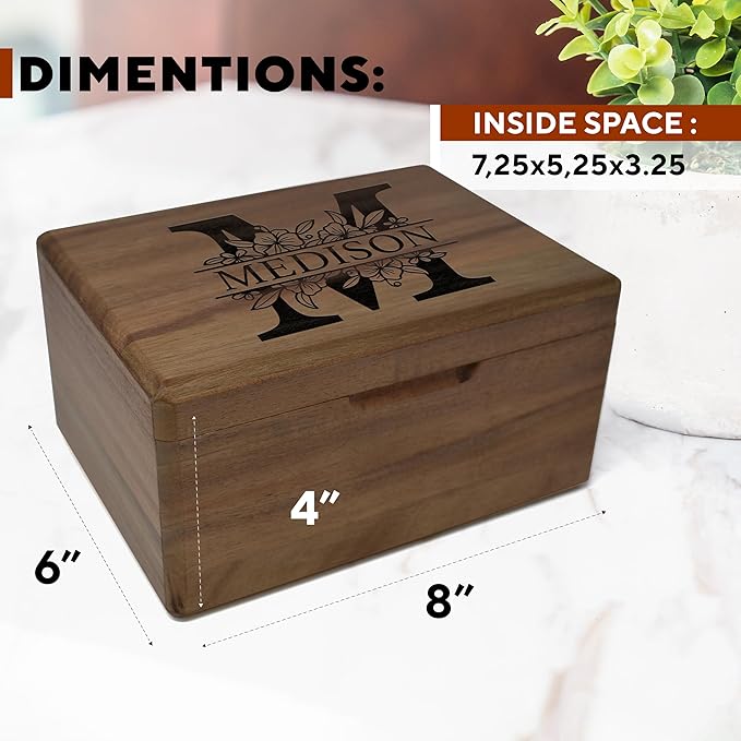 Floral Initial Keepsake Box - Personalized Memory Box for Keepsakes Wedding, Baby Shower - New Born Decorative Storage Chest, Rustic Memorabilia Box for Valentines Day, Monogrammed Gifts, 8x6x4 in