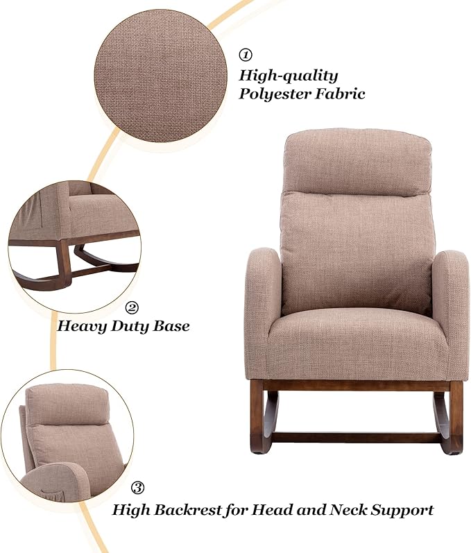 Dolonm Nursery Rocking Chair for Living Room, Upholstered Mid-Century Modern Nursery Rocking Armchair Tall Back Accent Glider Rocker, Camel