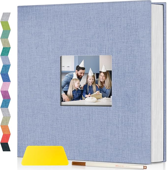 popotop Photo Album Self Adhesive with Picture Display Window,60 Pages DIY Scrapbooking Supplies Kit for 4x6 8x10 Picture,Linen Cover Memory Book for Baby Wedding, with Scraper and Metallic Pen