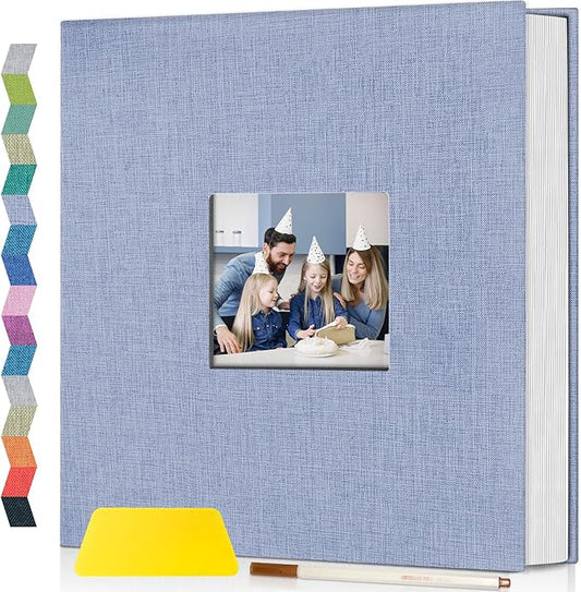 popotop Photo Album Self Adhesive with Picture Display Window,40 Pages DIY Scrapbooking Supplies Kit for 4x6 10x12 Picture,Linen Cover Memory Book for Baby Wedding, with Scraper and Metallic Pen