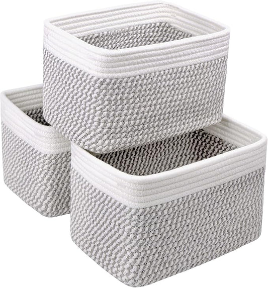 Small Cotton Rope Storage Basket Set of 3-11"x7"x7" Perfect Woven Baskets for Storage, Ideal Storage Baskets for Organizing Toys, Towels, and More - Baskets for Shelves（White & Mixed Grey）