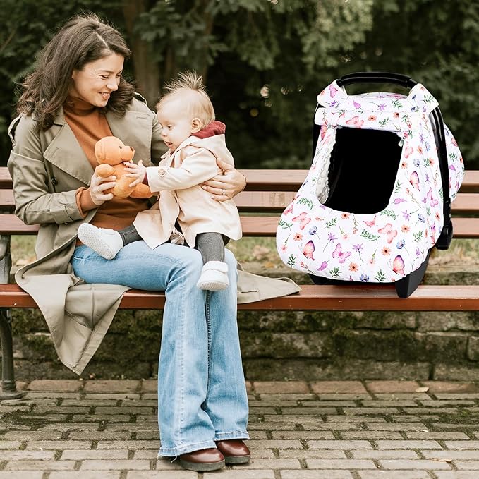 Pea Pod Car Seat Cover Baby, Infant Car Seat Canopy Covers with 2 Layers Windows of Breathable Mesh Fabric, Lightweight Polyester, Soft Minky Dot Backing (Butterfly Pattern)