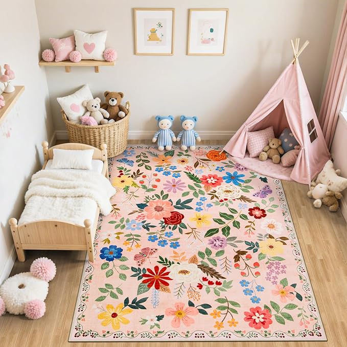 6x9 Area Rugs for Living Room: Floral Washable Rug Vintage Large Soft Boho Non-Slip Carpet Indoor Floor Stain Resistant Thin Carpets for Bedroom Dining Room Farmhouse Nursery Hallway Home Office Beige