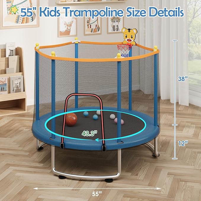 Kids Trampoline with Safety Net – 440lbs Capacity, Upgraded Rust-Proof Ring Legs, Adjustable Gymnastics Bar & Toys – Indoor Outdoor Toddler Trampoline for Boys & Girls Ages 1-8