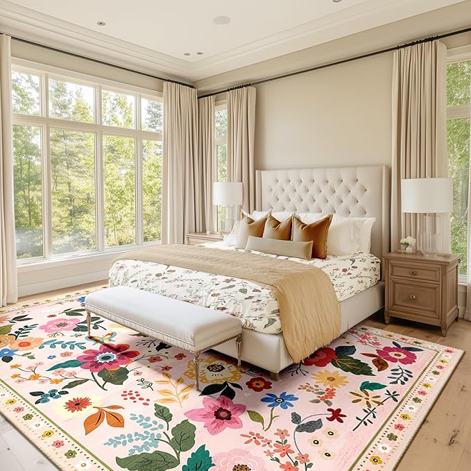 Floral 8x10 Area Rug Machine Washable Soft Print Boho Carpet Non Slip Doormat Low Pile Flower Area Rugs for Living Room Bedroom Nursery Kitchen Dining Room Indoor-Pink