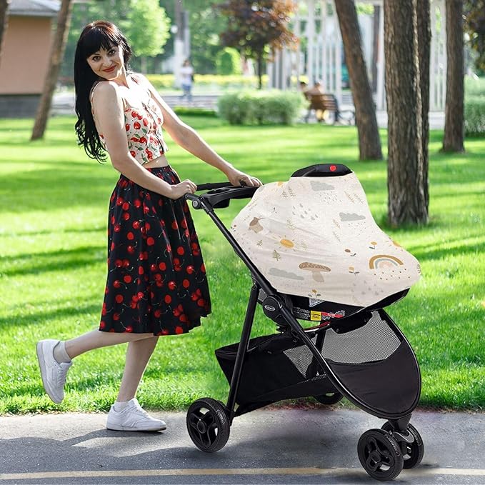 Kigai Mushroom Rainbow Baby Car Seat Covers for Newborn, Breathable Nursing Cover for Breastfeeding Moms, Baby Stroller/Shopping Cart/Stretchy Carseat Cover for Boy & Girl