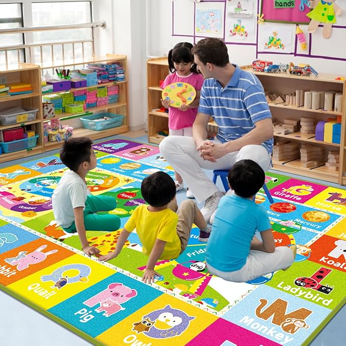 Kids Rug for Playroom, Kids Baby Playmat with Alphabet, Month, Weather, Week and Shapes ABC Educational Rug, Play Mat Carpet for Bedroom Classroom (110.2X78.7 INCH, Ferris Wheel)