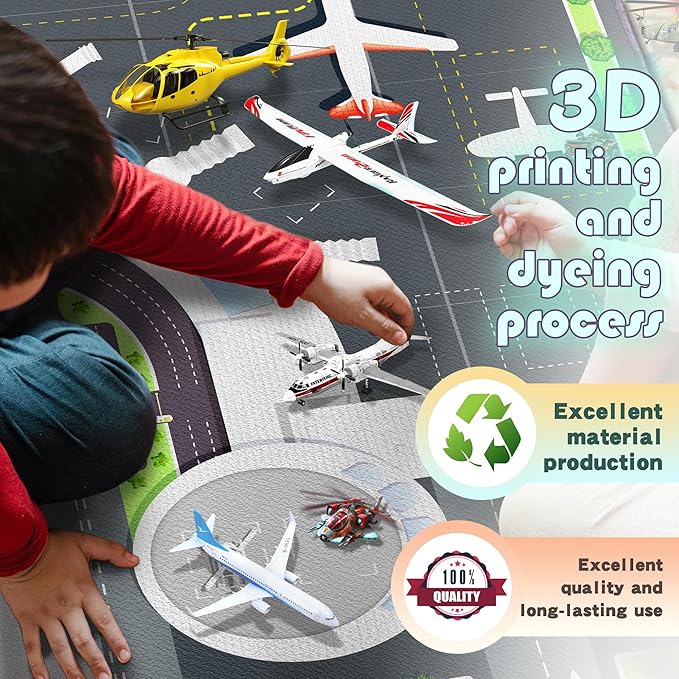 Playmat for Boys Playroom 5'x 6'6" Airport Mat for Kids Bedroom Traffic System and Aircraft Runway Rug Carpet Non-Slip Washable Area Rug