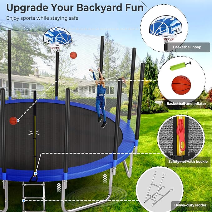 Upgraded 16FT 15FT 14FT 12FT 10FT 8FT Trampoline Outdoor with Basketball Hoop and Net, Capacity for 4-6 Kids and Adults