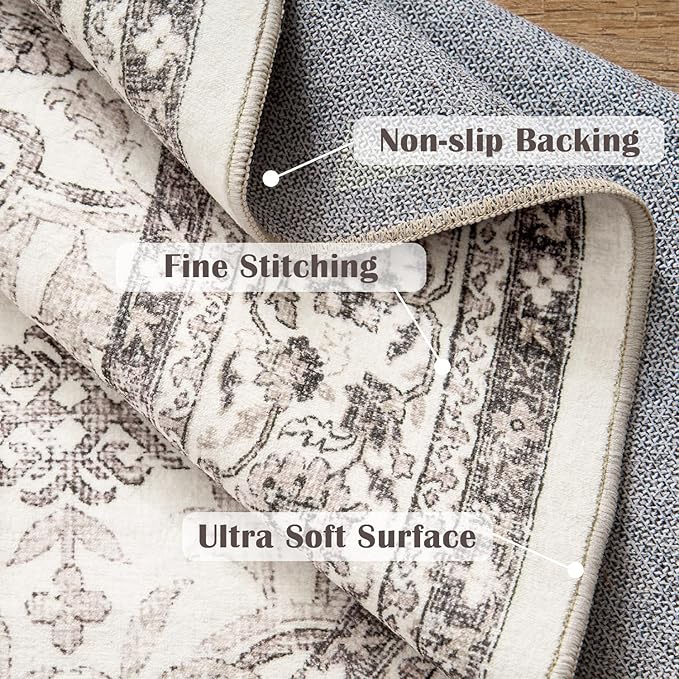 jinchan Round Rug 4ft Washable Circle Soft Rug - Low Pile Vintage 4'Round Indoor Beige Floral Print Stain Resistant Boho Carpet Ultra-Thin Non-Slip for Entryway Nursery Bedroom Dining Room Kitchen