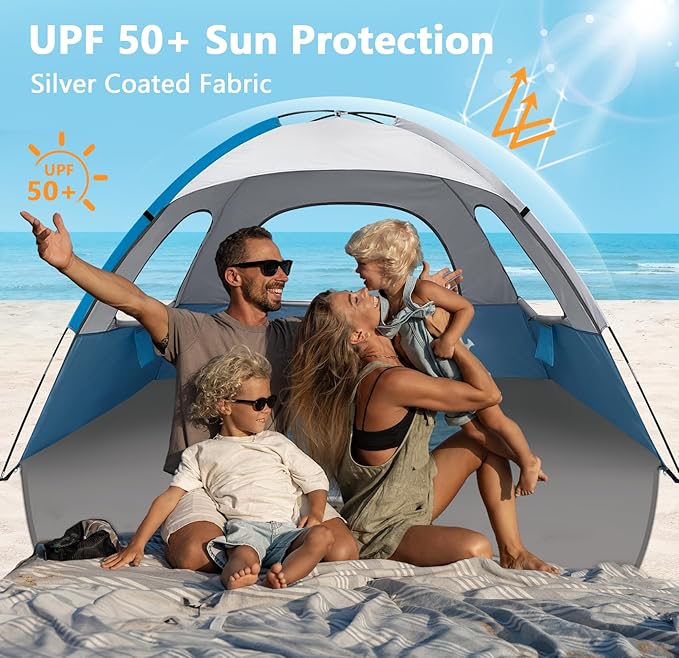 NXONE Beach Tent Sun Shade Shelter for 3/4/6 Person Person with UV Protection, Extended Floor, 3 Mesh Roll Up Windows & 8.0/8.5mm Fiberglass Rods丨Carry Bag Included