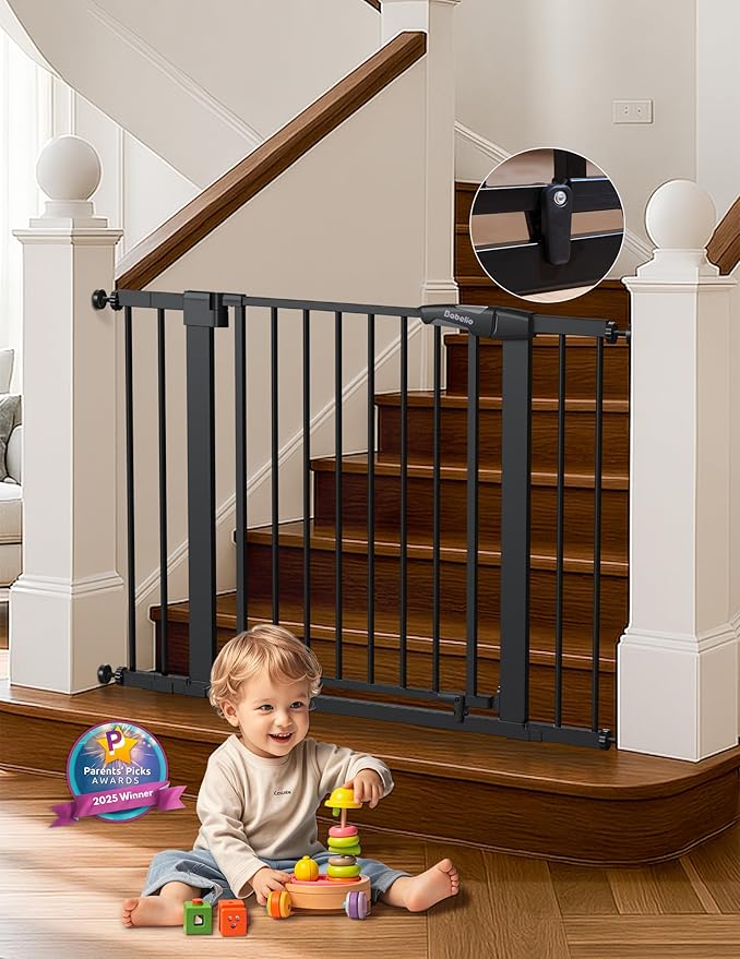 Babelio 29-43" Magnetic Baby Gate for Stairs,Doorways House,Kitchen,30" Tall Pet Barrier with Baffles,Pressure Mounted & Dual-Lock Design Safety for Kids Toddler,Auto-Close/Hold-Open,Black