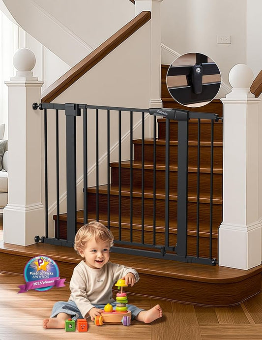 Babelio 29-43" Magnetic Baby Gate for Stairs,Doorways House,Kitchen,30" Tall Pet Barrier with Baffles,Pressure Mounted & Dual-Lock Design Safety for Kids Toddler,Auto-Close/Hold-Open,Black