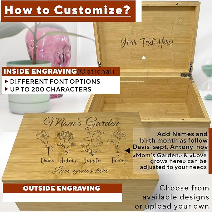 Mother's Day Gift from Kids - Moms Garden Custom Gift, Personalized Grandma's Garden Birth Flowers, Wooden Memory Box, Mom Day, Unique Christmas Gifts, Cute Birthday Gifts Ideas, Xmas Present for Wife