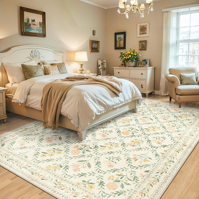 Area Rug Living Room Rugs: Floral 4x6 Washable Rug Vintage Soft Boho Non-Slip Carpet Stain Resistant Large Carpets for Bedroom Dining Room Farmhouse Nursery Hallway Home Office Beige/Multi