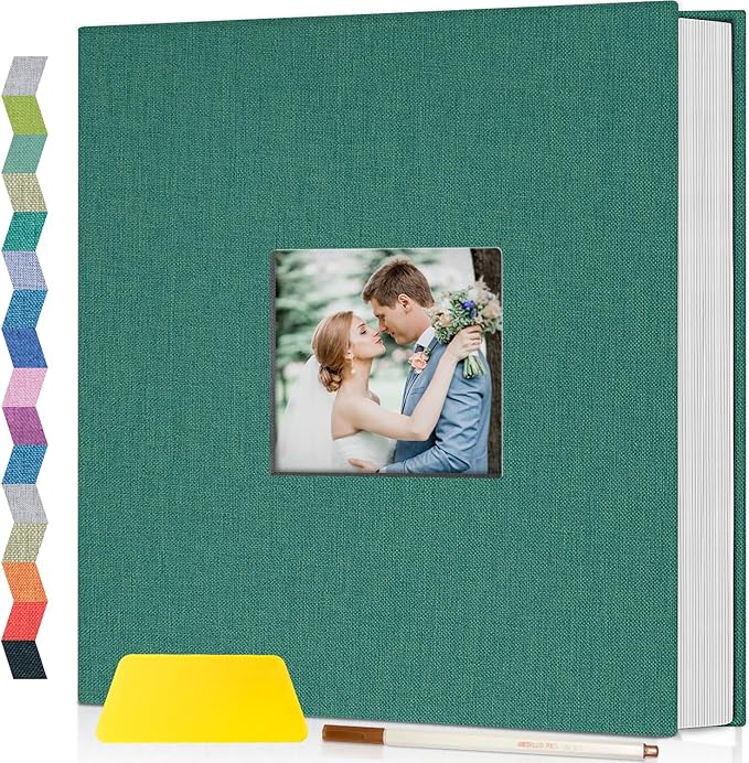 popotop Photo Album Self Adhesive with Picture Display Window,60 Pages DIY Scrapbooking Supplies Kit for 4x6 8x10 Picture,Linen Cover Memory Book for Baby Wedding, with Scraper and Metallic Pen