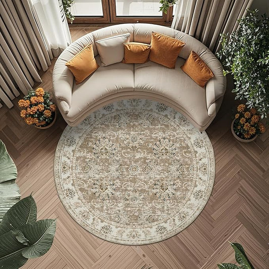 jinchan Round Rug 6ft Area Rug - Taupe Vintage Floor Mat Kitchen Indoor Ultra-Thin Soft Floral Print - Washable Circle 6' Retro Accent for Farmhouse Non Slip Dining Room Living Room Bedroom Office
