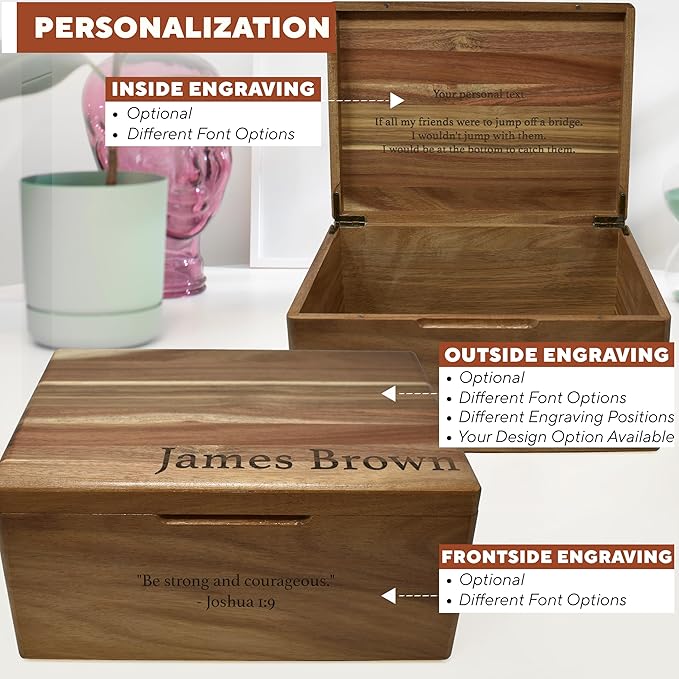 Custom Engraved Wooden Box Large - Acacia Wood Keepsake Box with Personalized Hidden Message, Walnut Memory Boxes for Pictures, Wedding Photo, Jewelry, Decorative Chest Rustic Crate, 11,5x8,75x5,5 in