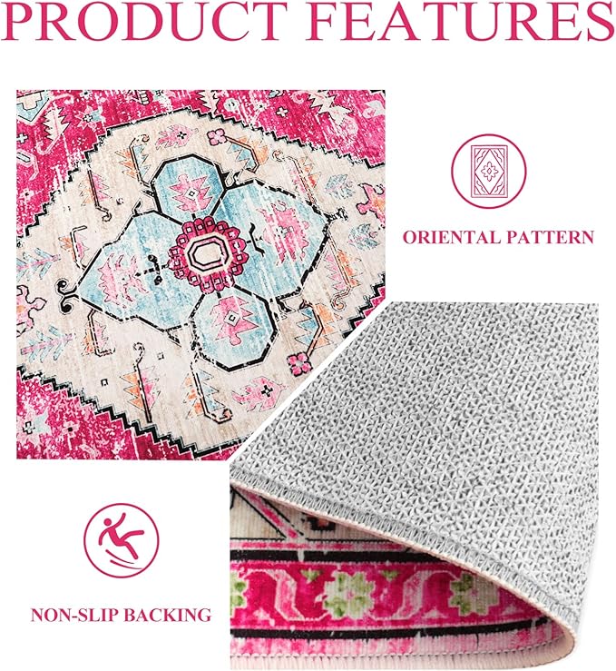 Lahome Boho Round Rug - 4Ft Washable Area Rug, Non-Slip Small Bathroom Rug, Lightweight Bedroom Throw, Oriental Distressed Print Carpet for Entryway, Sofa, Nursery, Kids Room