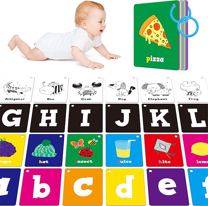 52 PCS Baby Visual Stimulus Cards, Double-Sided High Contrast Black and White, Colorful Alphabet Words Flashcards, Visual Sensory Development Montessori Cards Set for Newborn Baby, Kids, Preschool