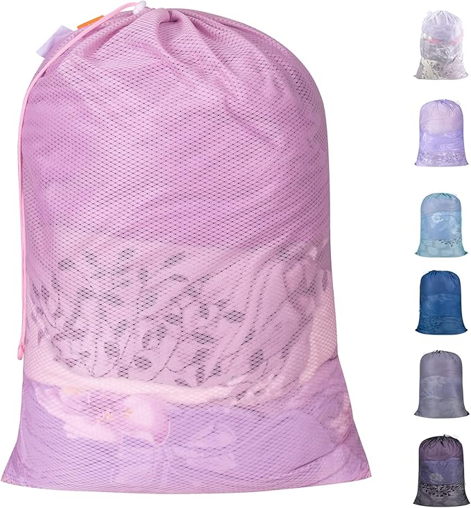 Polecasa Heavy Duty Diamond Large Mesh Laundry Bag with ID Tag and Locking Drawstring Closure - 24 x 36 inches - Laundry Hamper Liner, Washable Laundry Bags for Travel, Sports, Dorms (Pink)