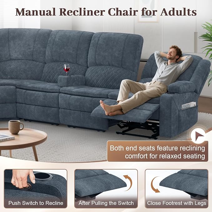 Yolsali Manual Reclining Sectional Sofa Set, 4 Seats Soft Fabric Recliner - Image 6