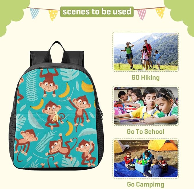 Monkey Banana Toddler Backpack Waterproof Mini Backpack Boys/Girls Cute Small Backpack Kindergarten Pre School Bags (M