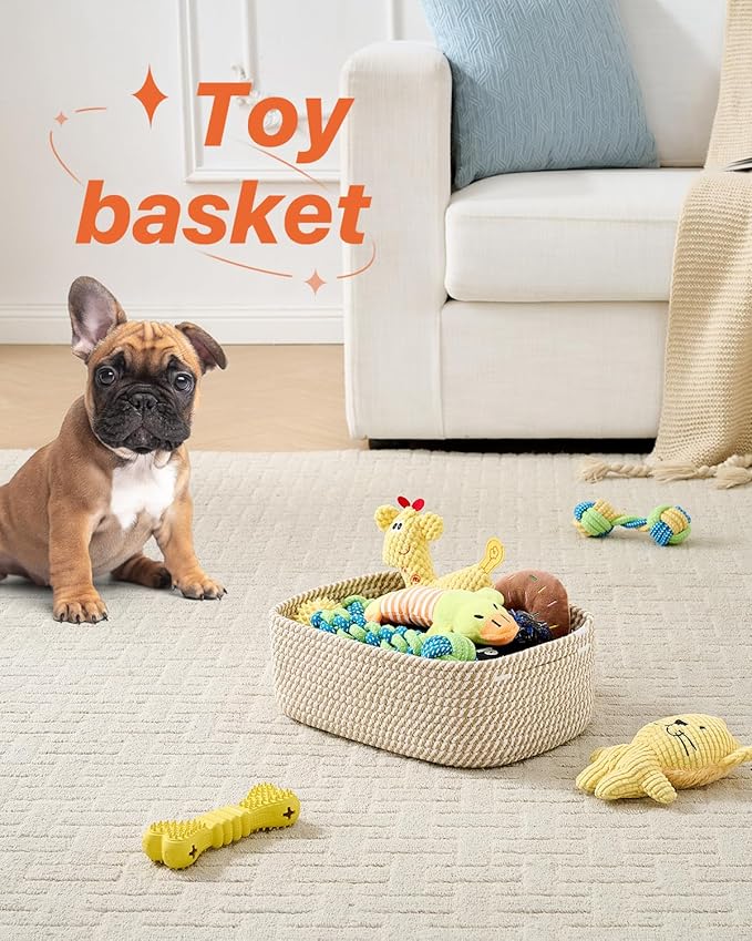 Small Woven Basket, 12 x 8 x 4.5 Inches, Storage Basket for Organizing, Cute Small Rope Shelf Closet Cube Storage Bins Baskets for Shelves, Dog Toy Gift Baskets Empty, 3 Pack Brown