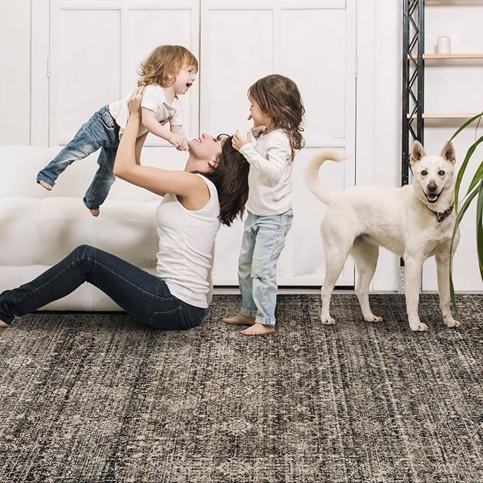 Washable Area Rugs 8x10, Large Rugs for Living Room, Carpet for Bedroom, Soft Faux Wool Retro Dining Room Rug, Non-Slip Backing Resistant Low Pile Vintage Print Rug for Home Office (Brown)