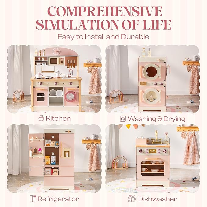 ROBOTIME Wooden Kids Play Kitchen – 4-in-1 Toddler Play Kitchen Set with Fridge, Washer & Dishwasher – Wooden Corner Cooking Playset for Boys & Girls Ages 3+