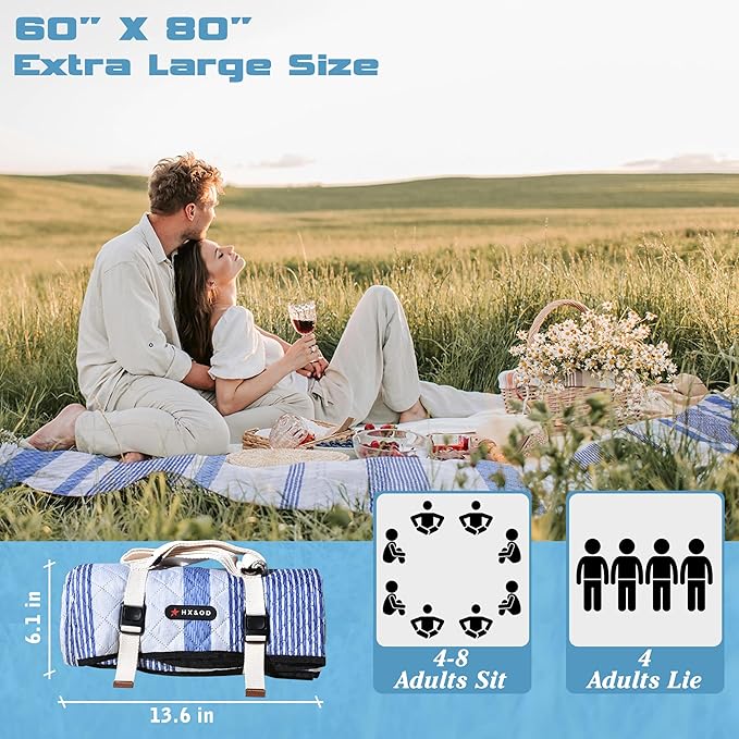 Waterproof Picnic Mat, Outdoor Camping Oversized Field Blanket. Portable Thickened Camping Blanket, Suitable for Beach, Camping, Music Festival, Party, Outdoor Adventure. (Blue & White, 80”x60”)