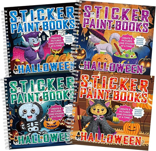 4Pcs Halloween Paint by Sticker Books for Kids Ages 4-8 Halloween Pumpkin Ghost Witch Sticker by Number Books Activity Book for Kids Puzzle Book Craft Art Gift Holiday Party Favors Create 32 Pictures