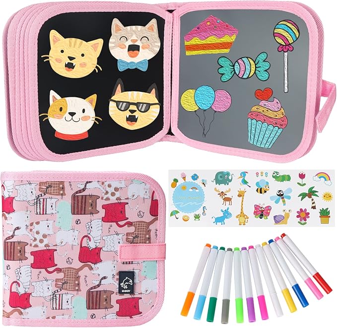 Erasable Doodle Set for Kids - Magic Drawing Book With 12 Watercolor Pens, 14 Page Reusable Book, Road Trip Car Game Writing Painting Set for Boys and Girls (Cat Pink)