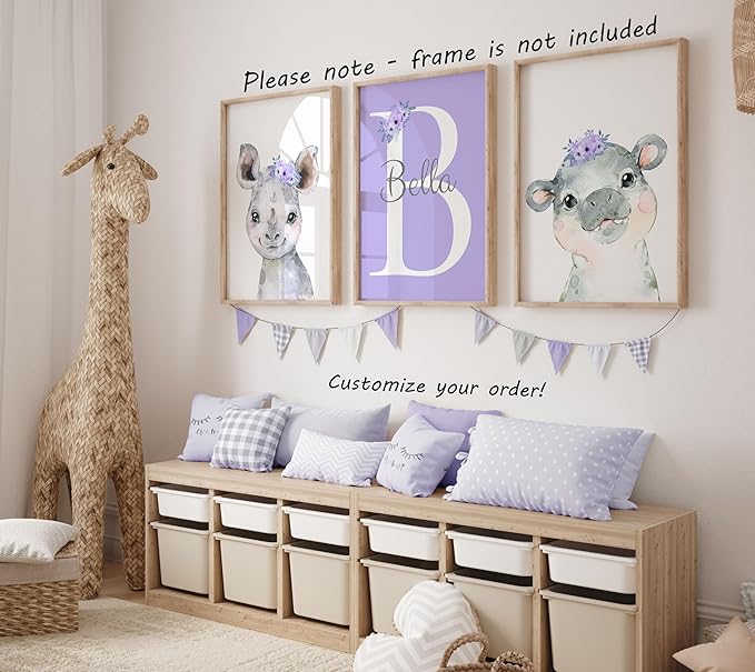 Personalized Safari Animals for Baby Girls Nursery, Set of 3 Unframed Poster Prints, Personalized Name Pink Lilac Floral, Girls Bedroom Decor, Elephant Giraffe (11x14)